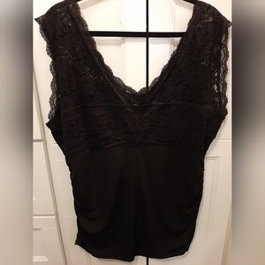 Maurices size 2 fancy tank top black lace, sheer wide straps, ruching on sides